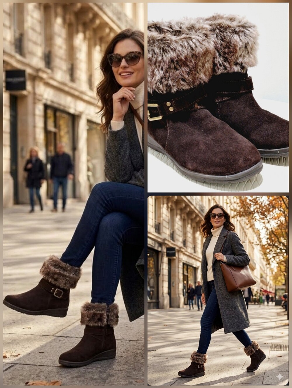 💙White Mountain dark brown leather suede ankle boots faux fur 🤍Size 8